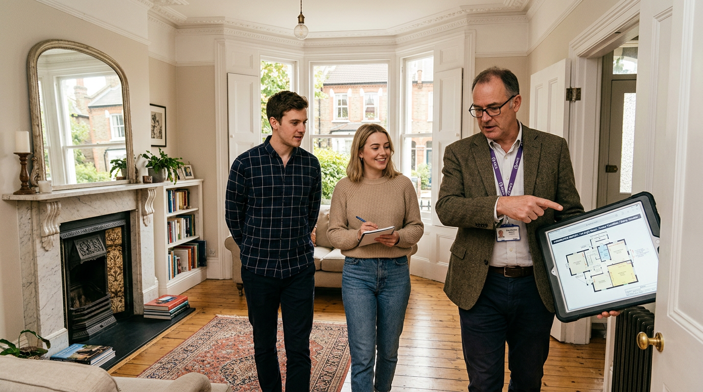 Young couple reviewing a homebuyer survey report with an experienced chartered surveyor