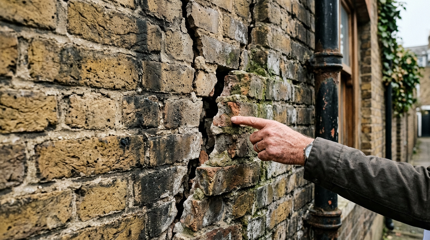 Surveyor pointing to structural crack in a Victorian wall requiring investigation