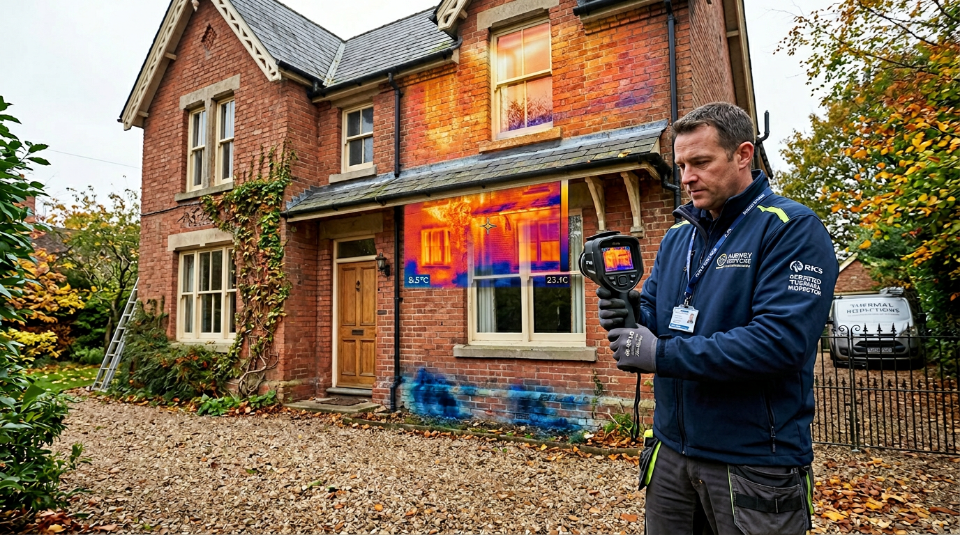 Thermal imaging camera detecting hidden damp and moisture in a Victorian property wall