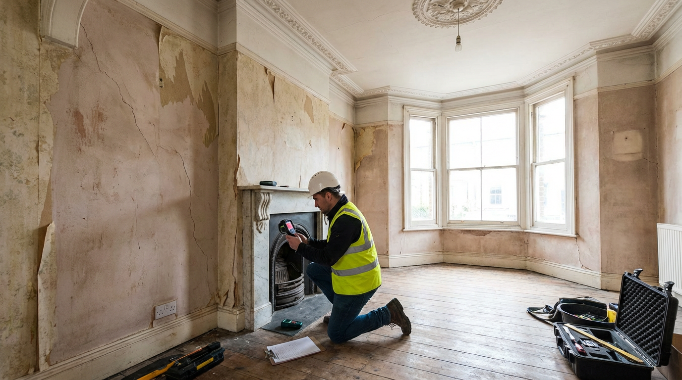 Chartered surveyor inspecting a commercial property interior, checking structure and services