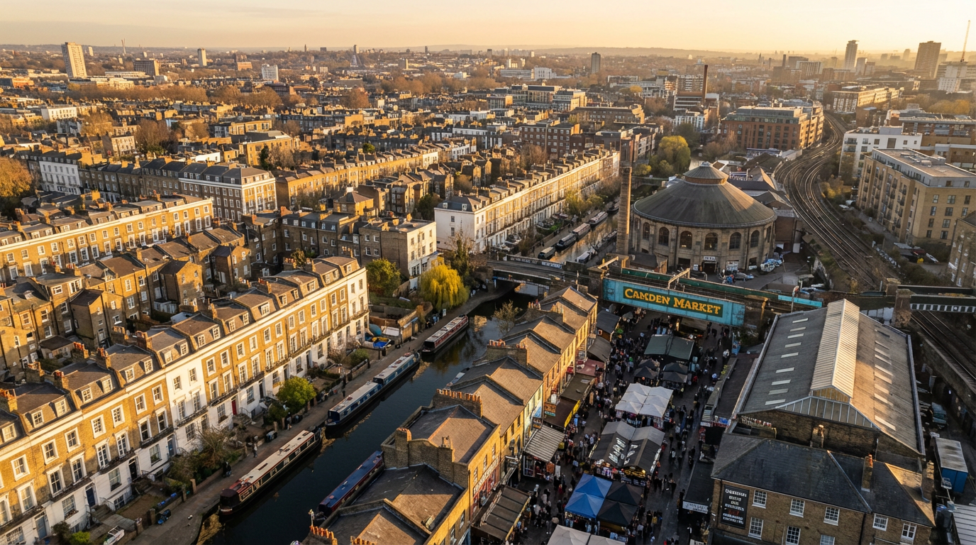 Aerial view of Camden Town showing the mix of Victorian terraces, canal, and modern development