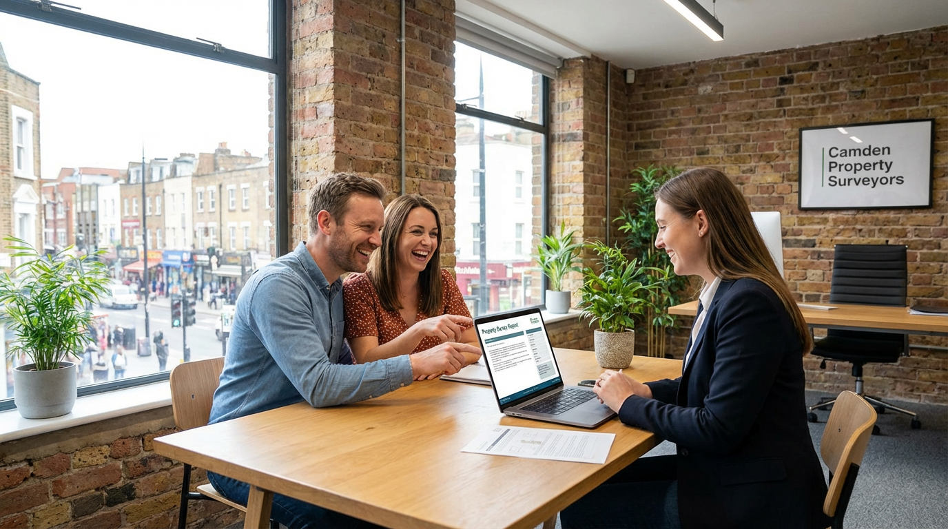 Happy couple reviewing their building survey report on a laptop with their chartered surveyor