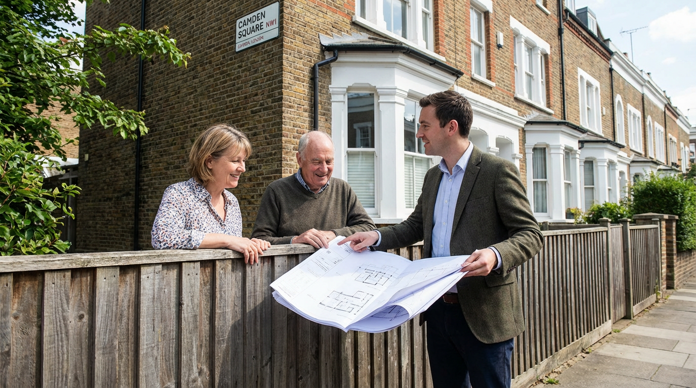 Party wall surveyor meeting with two Camden neighbours to discuss a party wall award