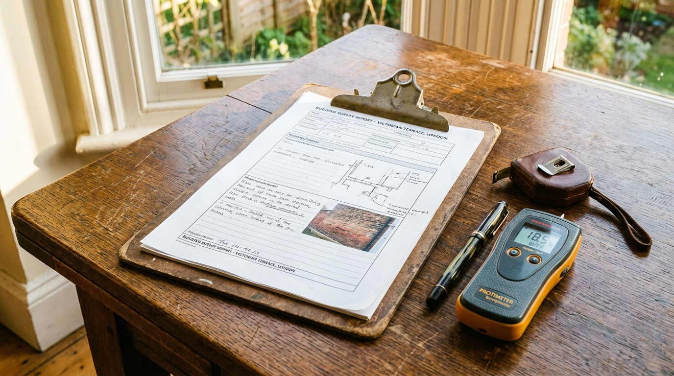 Commercial building surveyor reviewing a schedule of condition report at a Camden business premises